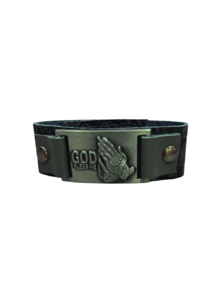 Pulseira God bless me em couro legítimo